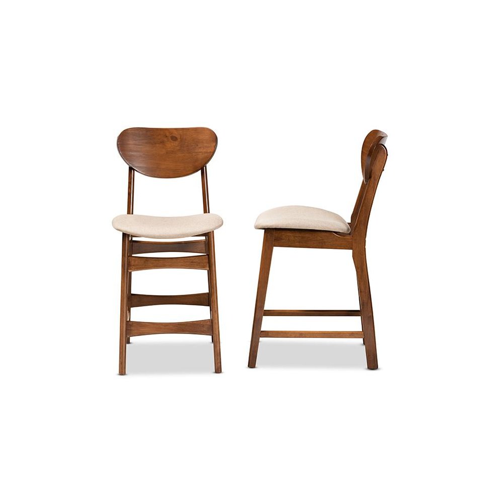 Sand Fabric Upholstered and Walnut Brown Finished Wood 2-Piece Counter Stool Set. Picture 3