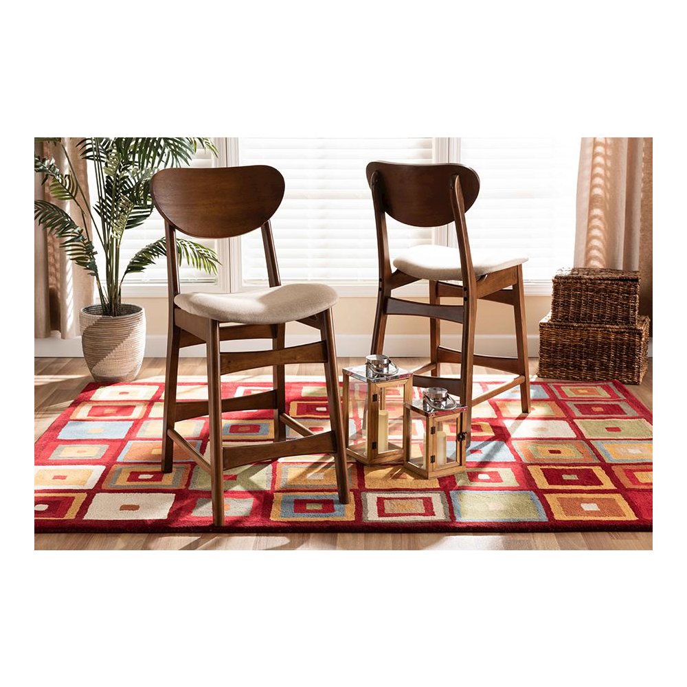 Sand Fabric Upholstered and Walnut Brown Finished Wood 2-Piece Counter Stool Set. Picture 6