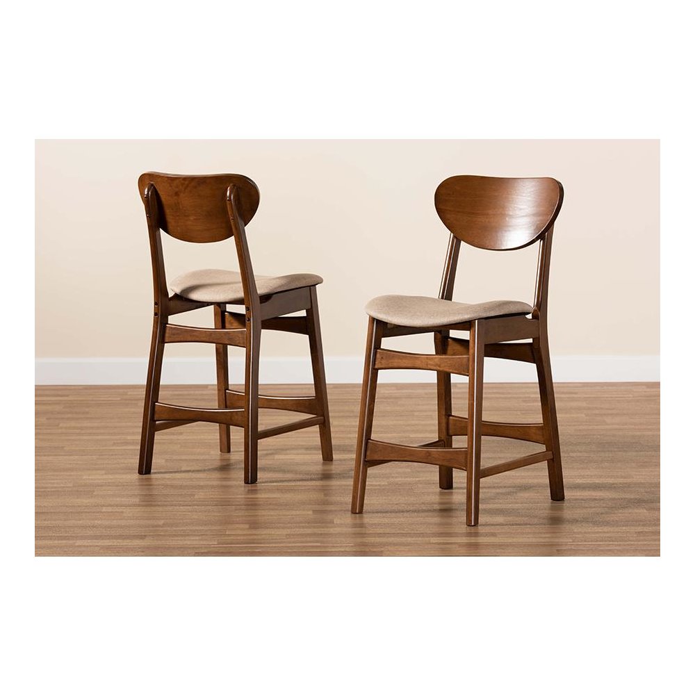 Sand Fabric Upholstered and Walnut Brown Finished Wood 2-Piece Counter Stool Set. Picture 7