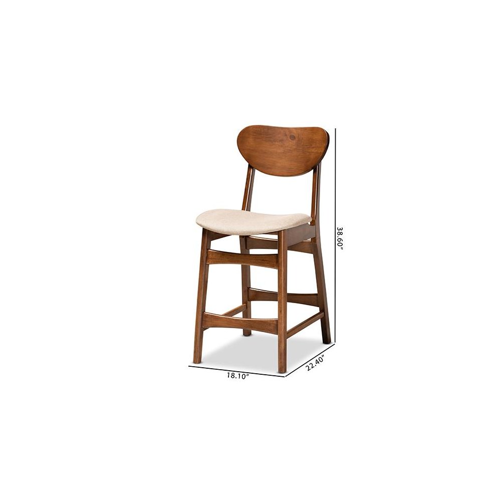 Sand Fabric Upholstered and Walnut Brown Finished Wood 2-Piece Counter Stool Set. Picture 8