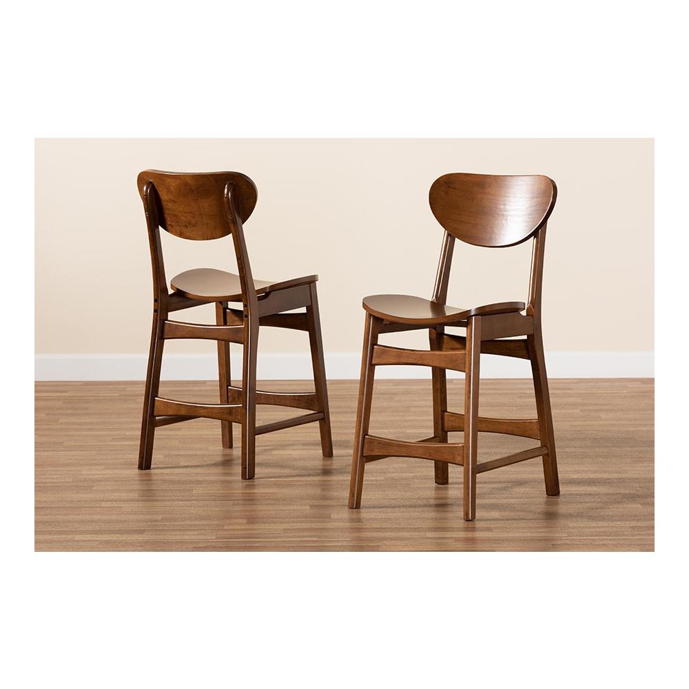 Katya Mid-Century Modern Walnut Brown Finished Wood 2-Piece Counter Stool Set. Picture 7