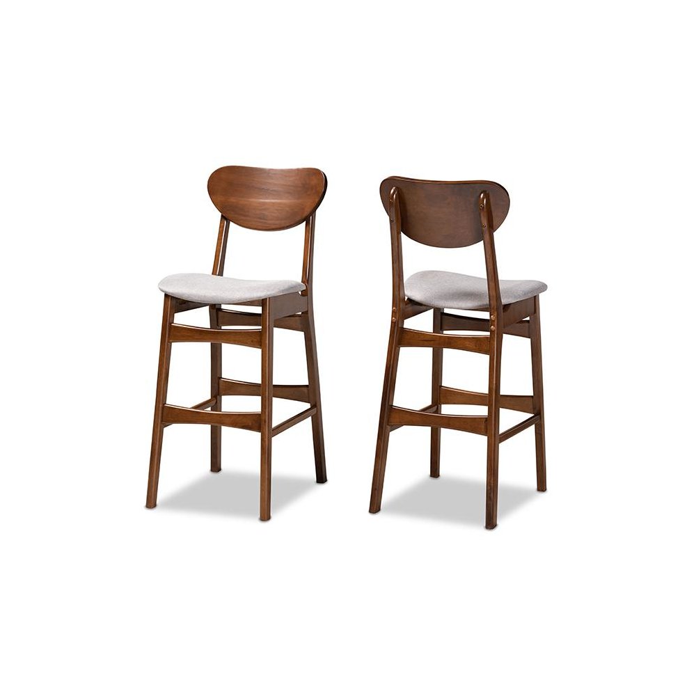 Grey Fabric Upholstered and Walnut Brown Finished Wood 2-Piece Bar Stool Set. Picture 1