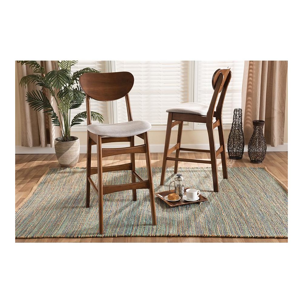 Grey Fabric Upholstered and Walnut Brown Finished Wood 2-Piece Bar Stool Set. Picture 6