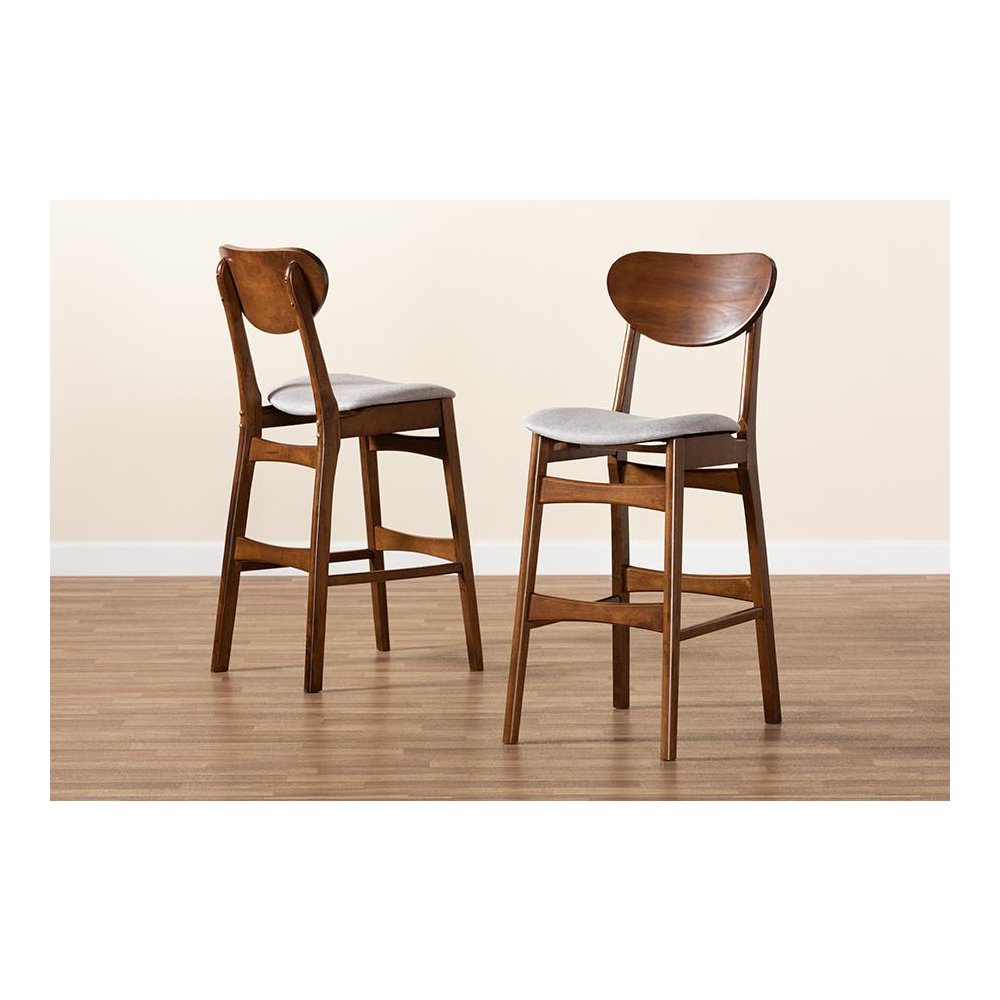 Grey Fabric Upholstered and Walnut Brown Finished Wood 2-Piece Bar Stool Set. Picture 7