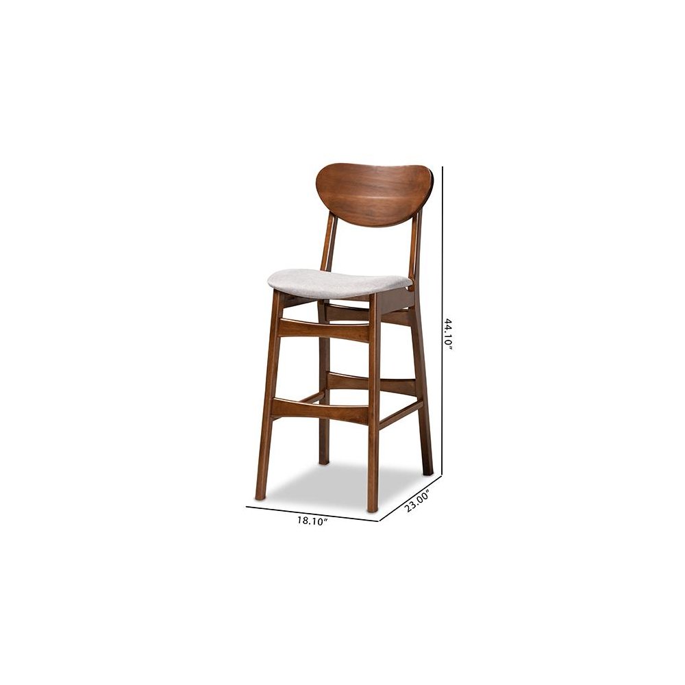 Grey Fabric Upholstered and Walnut Brown Finished Wood 2-Piece Bar Stool Set. Picture 8