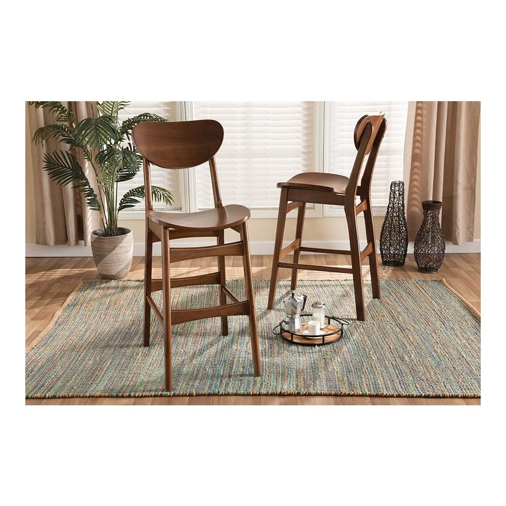 Katya Mid-Century Modern Walnut Brown Finished Wood 2-Piece Bar Stool Set. Picture 6