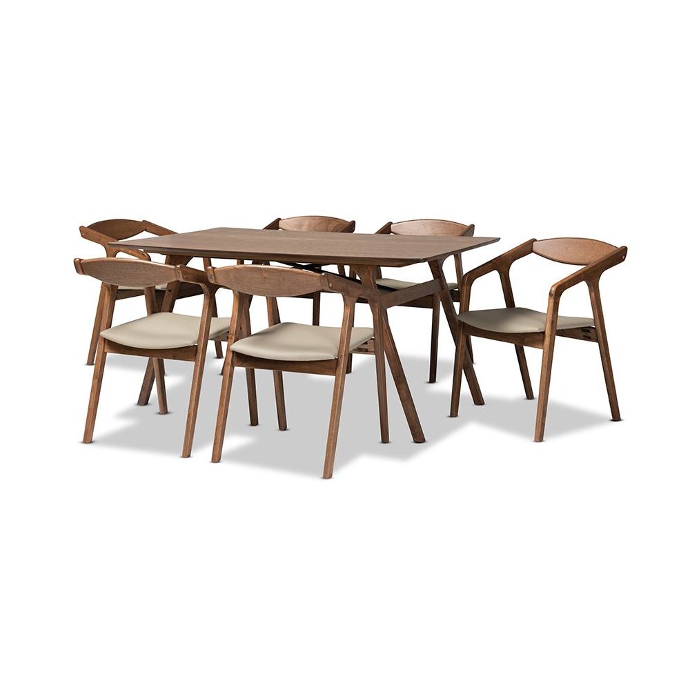Leather Upholstered and Walnut Brown Finished Wood 7-Piece Dining Set. Picture 1