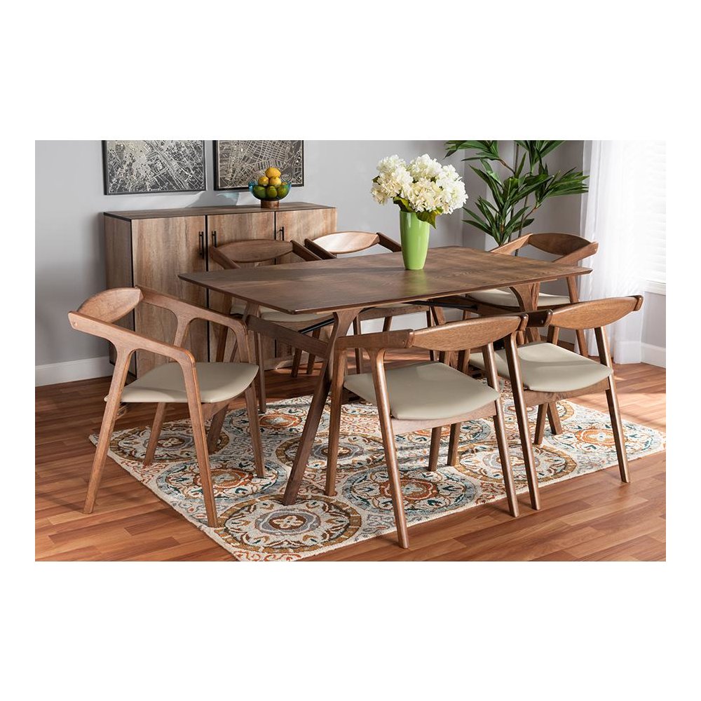Leather Upholstered and Walnut Brown Finished Wood 7-Piece Dining Set. Picture 7