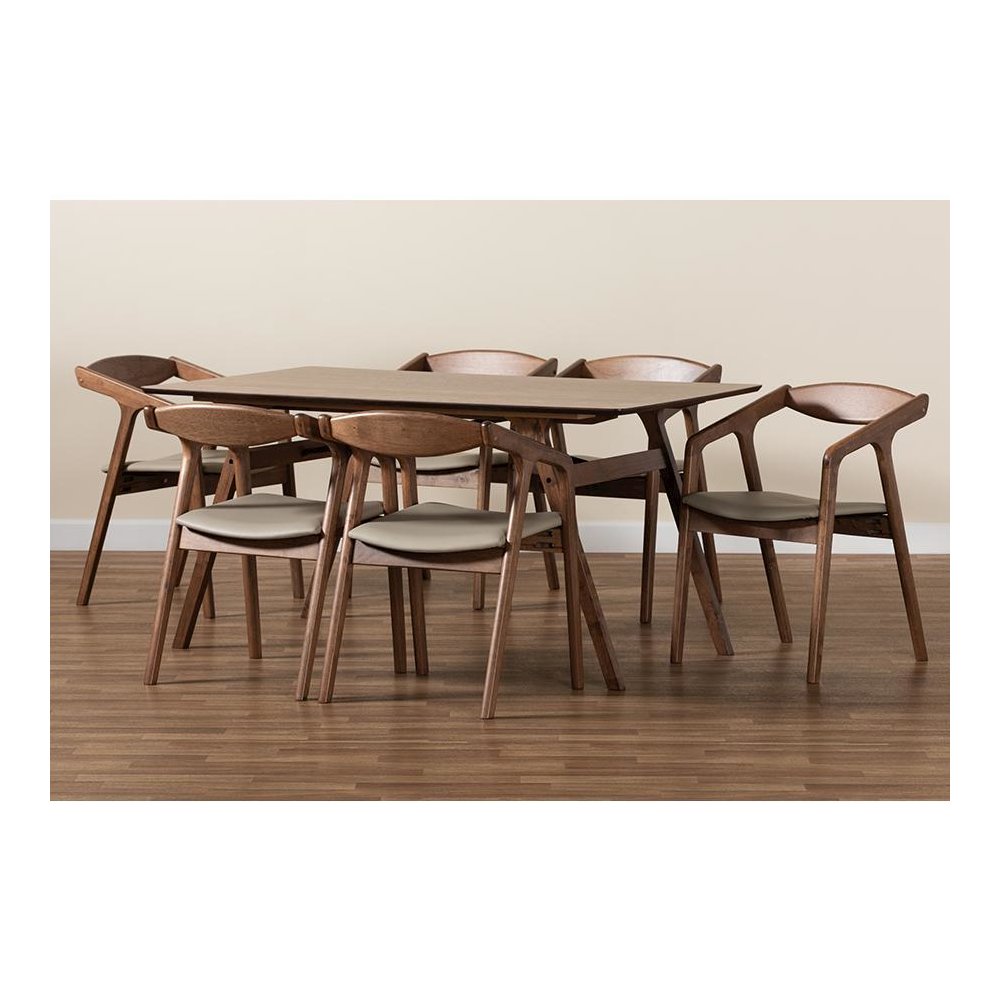 Leather Upholstered and Walnut Brown Finished Wood 7-Piece Dining Set. Picture 8