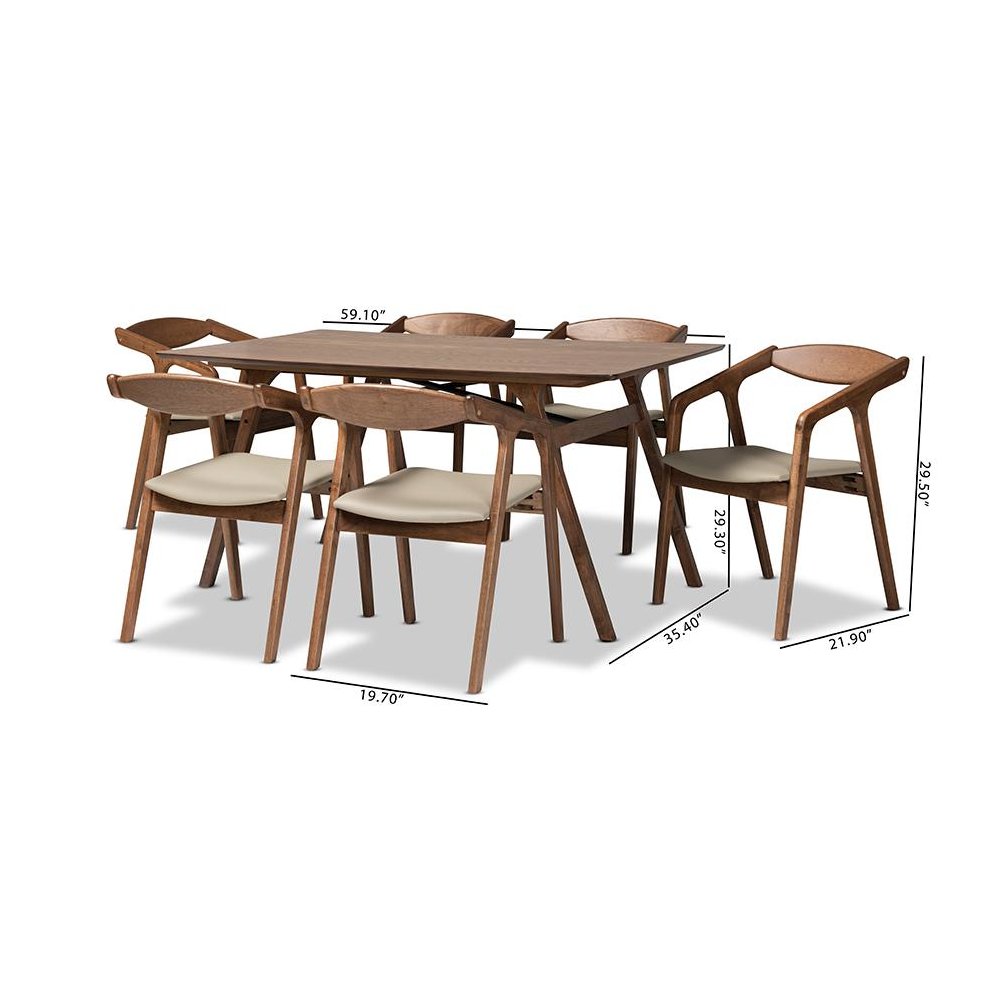 Leather Upholstered and Walnut Brown Finished Wood 7-Piece Dining Set. Picture 9