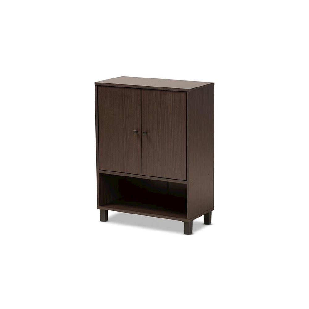 Dark Brown Finished Wood 2-Door Entryway Shoe Storage Cabinet with Bottom Shelf. Picture 1
