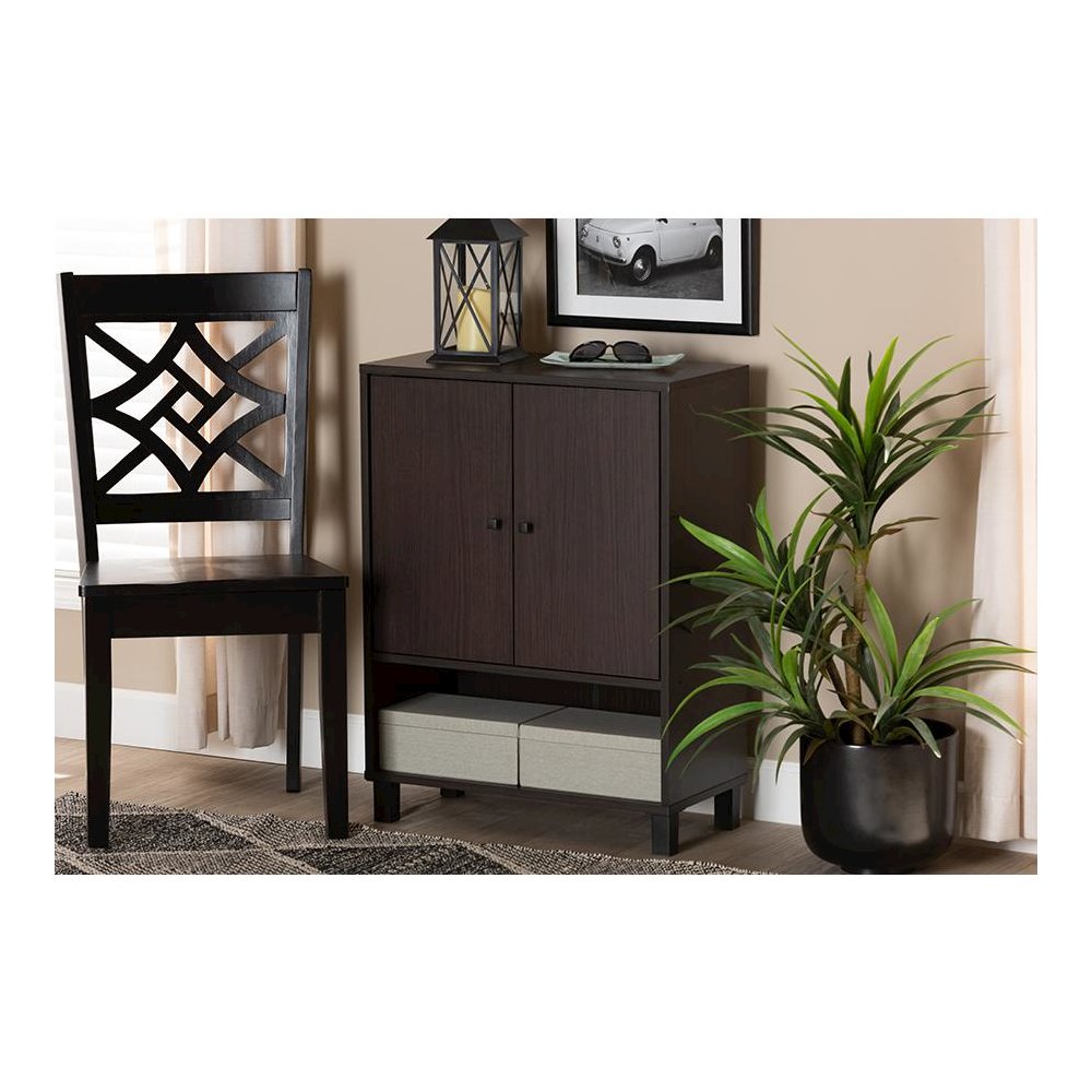 Dark Brown Finished Wood 2-Door Entryway Shoe Storage Cabinet with Bottom Shelf. Picture 7