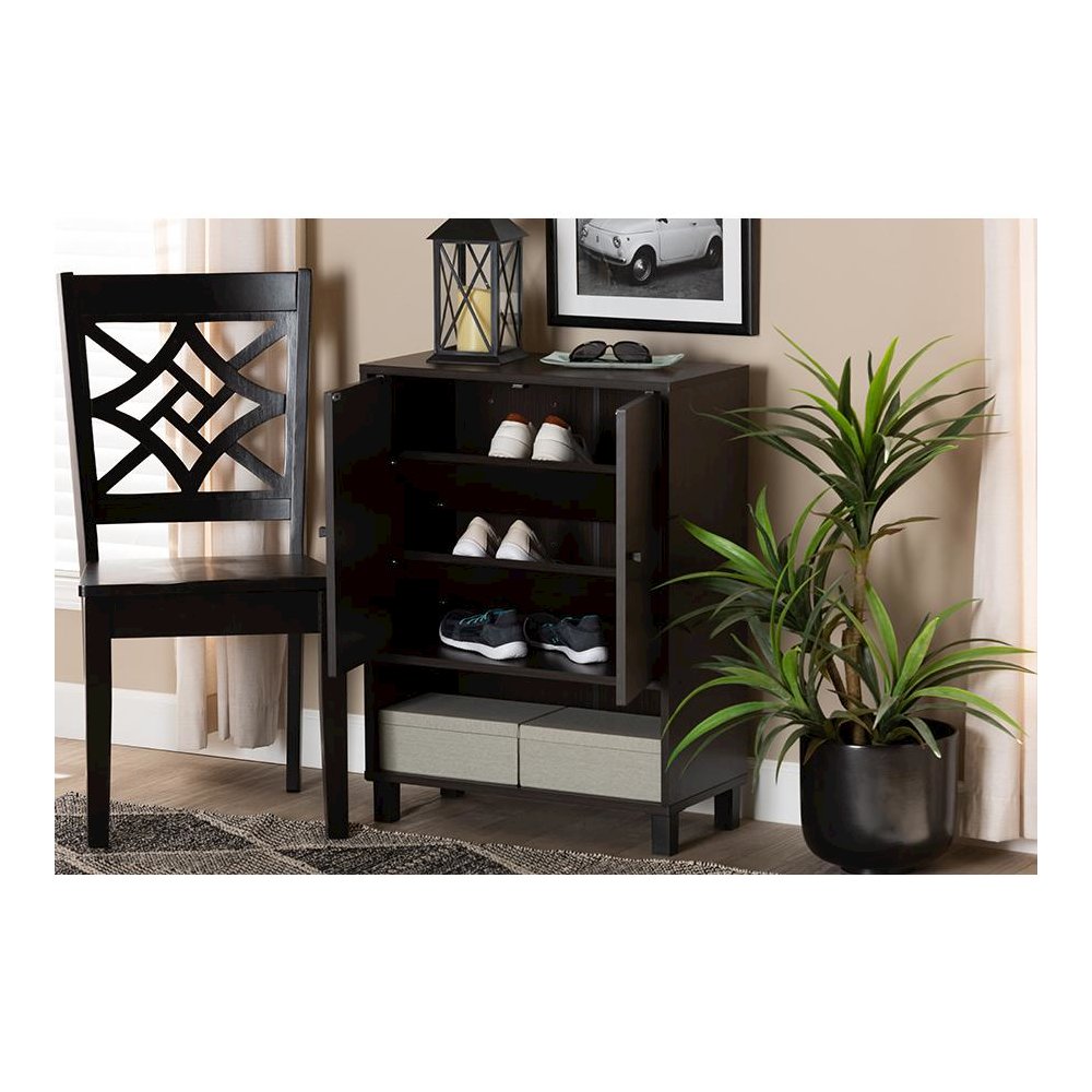 Dark Brown Finished Wood 2-Door Entryway Shoe Storage Cabinet with Bottom Shelf. Picture 8