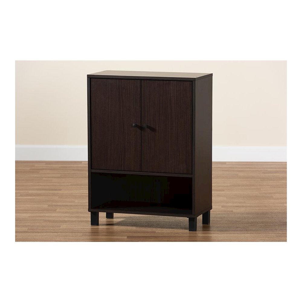 Dark Brown Finished Wood 2-Door Entryway Shoe Storage Cabinet with Bottom Shelf. Picture 9
