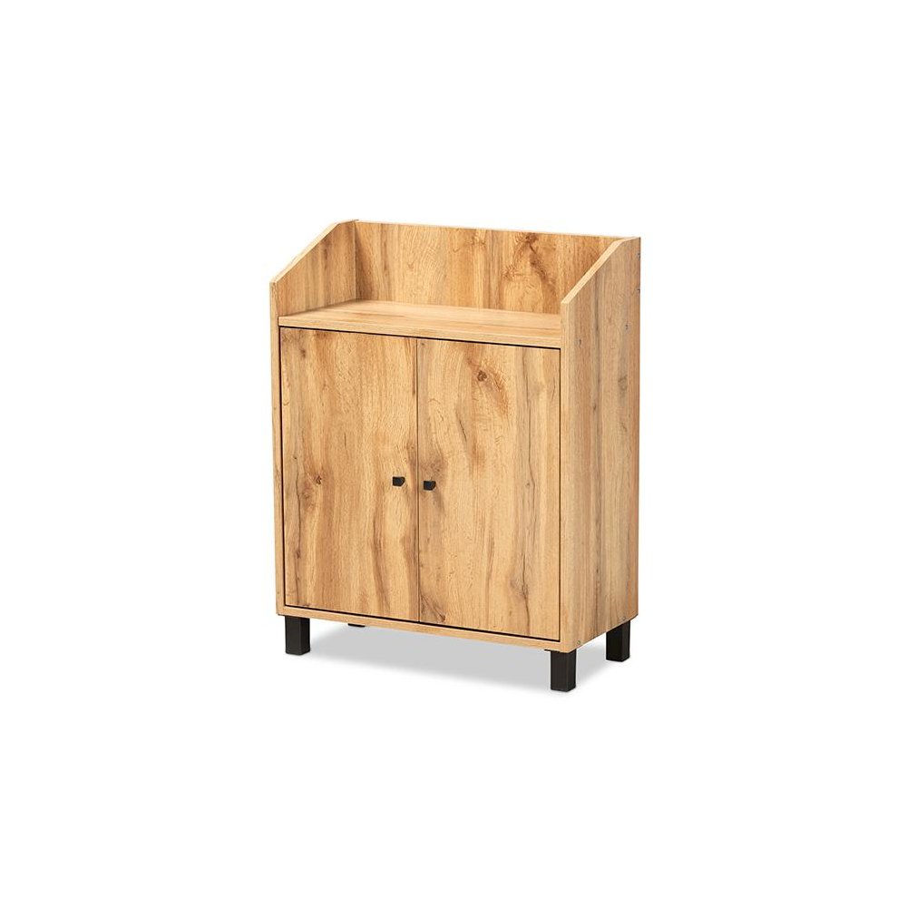 Oak Brown Finished Wood 2-Door Entryway Shoe Storage Cabinet with Top Shelf. Picture 1
