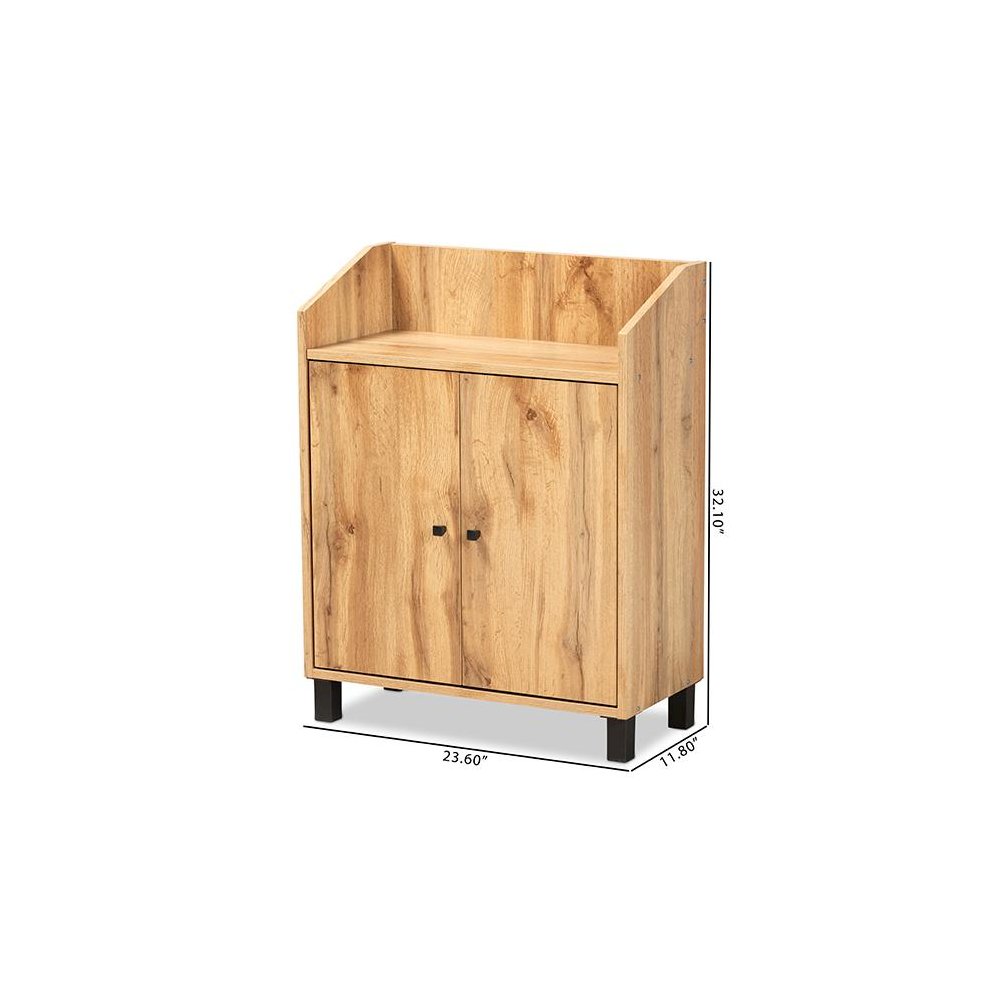 Oak Brown Finished Wood 2-Door Entryway Shoe Storage Cabinet with Top Shelf. Picture 10