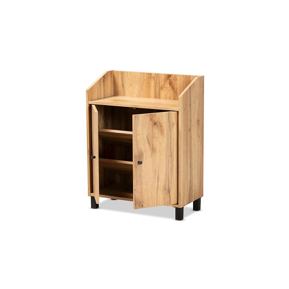 Oak Brown Finished Wood 2-Door Entryway Shoe Storage Cabinet with Top Shelf. Picture 2