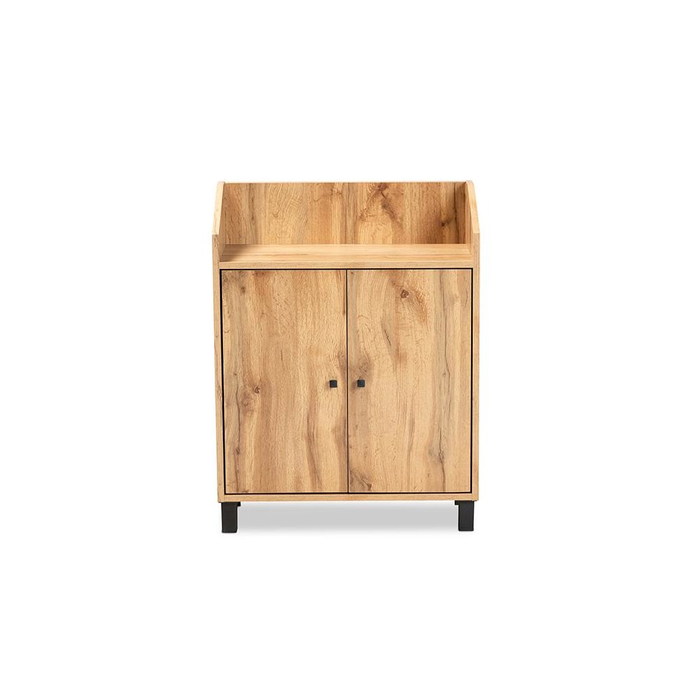 Oak Brown Finished Wood 2-Door Entryway Shoe Storage Cabinet with Top Shelf. Picture 3
