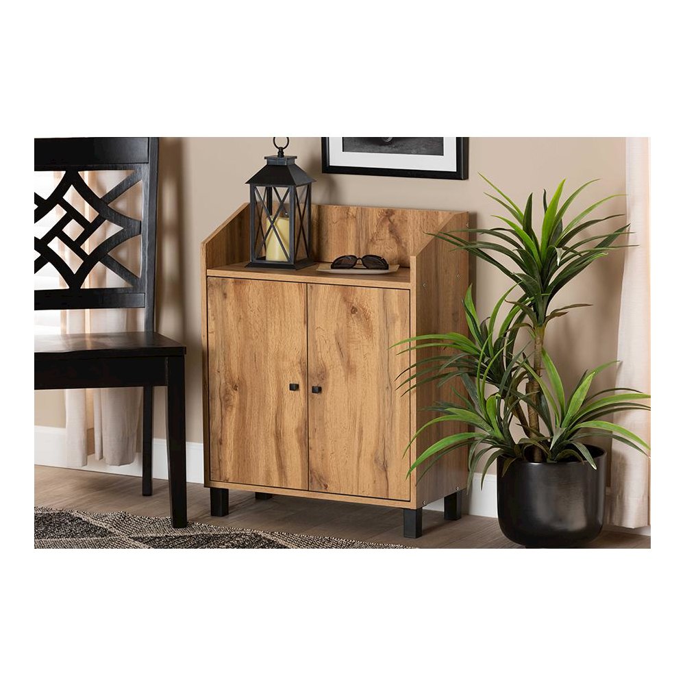 Oak Brown Finished Wood 2-Door Entryway Shoe Storage Cabinet with Top Shelf. Picture 7