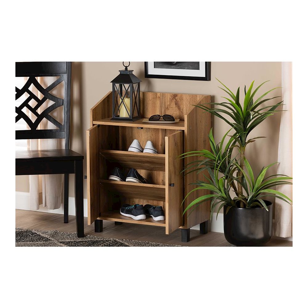 Oak Brown Finished Wood 2-Door Entryway Shoe Storage Cabinet with Top Shelf. Picture 8