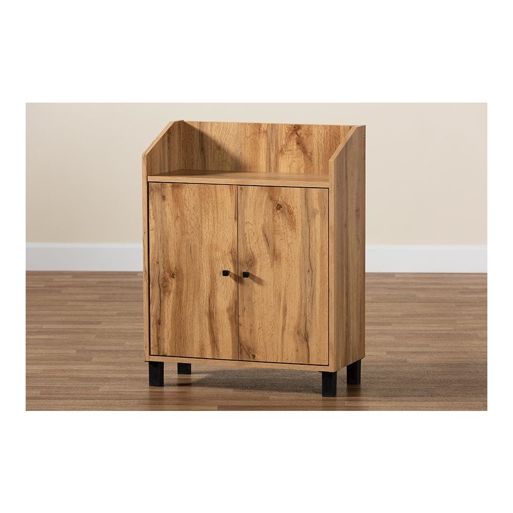 Oak Brown Finished Wood 2-Door Entryway Shoe Storage Cabinet with Top Shelf. Picture 9