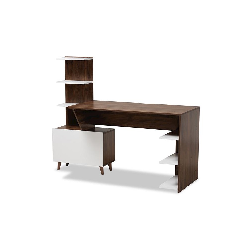 Two-Tone White and Walnut Brown Finished Wood Storage Computer Desk with Shelves. Picture 1