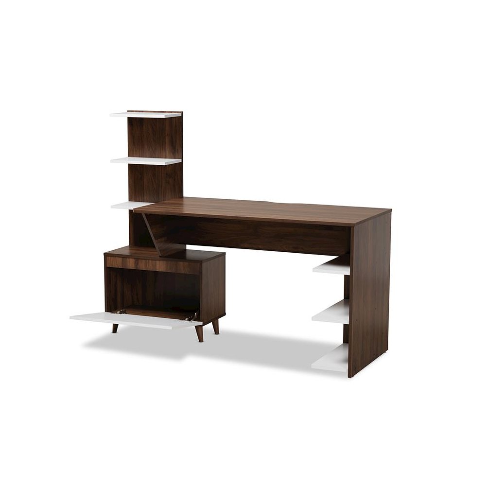 Two-Tone White and Walnut Brown Finished Wood Storage Computer Desk with Shelves. Picture 2