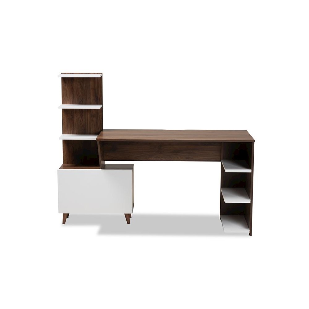 Two-Tone White and Walnut Brown Finished Wood Storage Computer Desk with Shelves. Picture 3