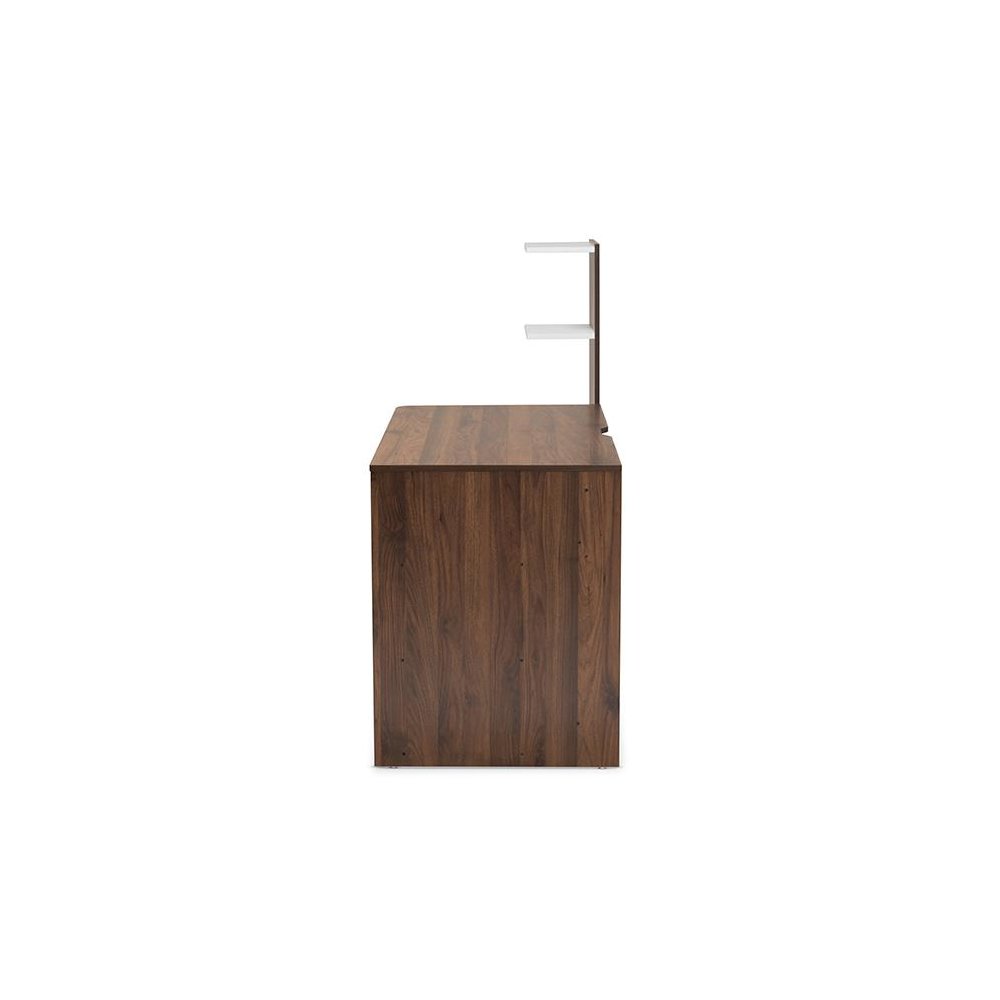 Two-Tone White and Walnut Brown Finished Wood Storage Computer Desk with Shelves. Picture 4