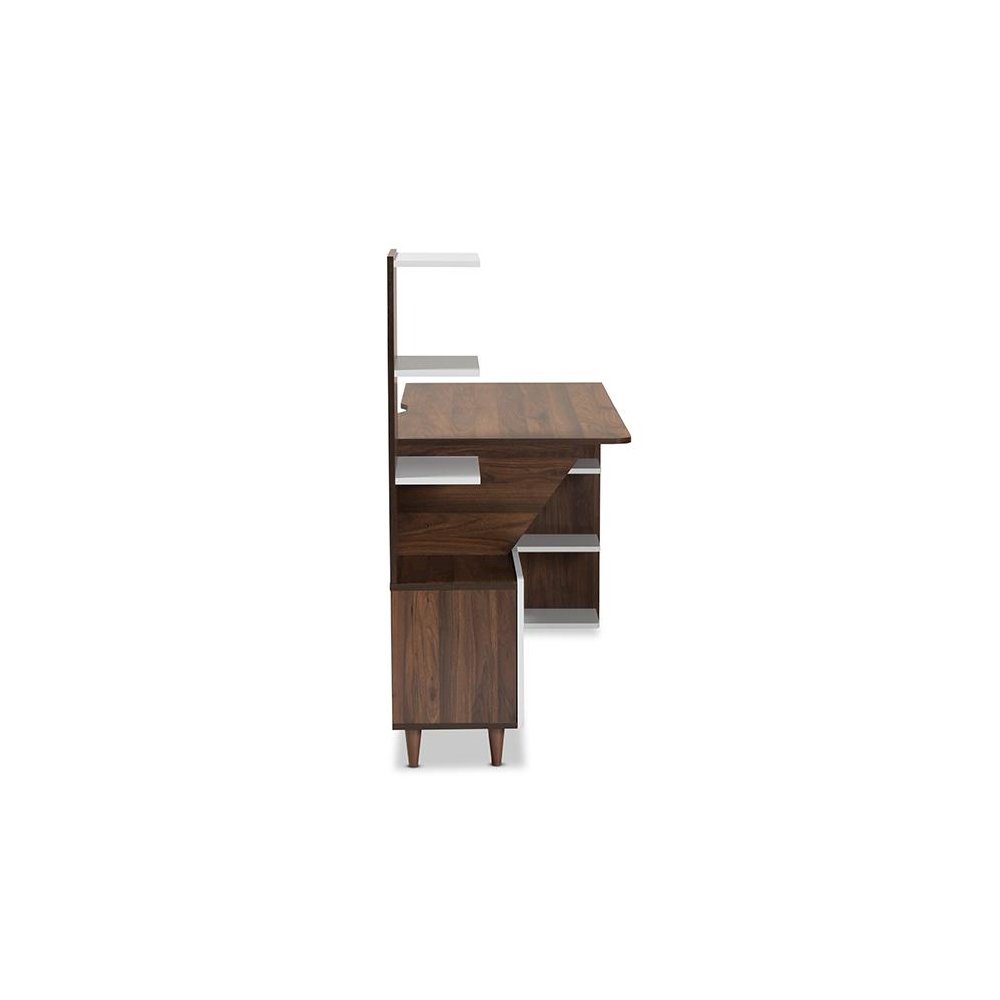 Two-Tone White and Walnut Brown Finished Wood Storage Computer Desk with Shelves. Picture 5