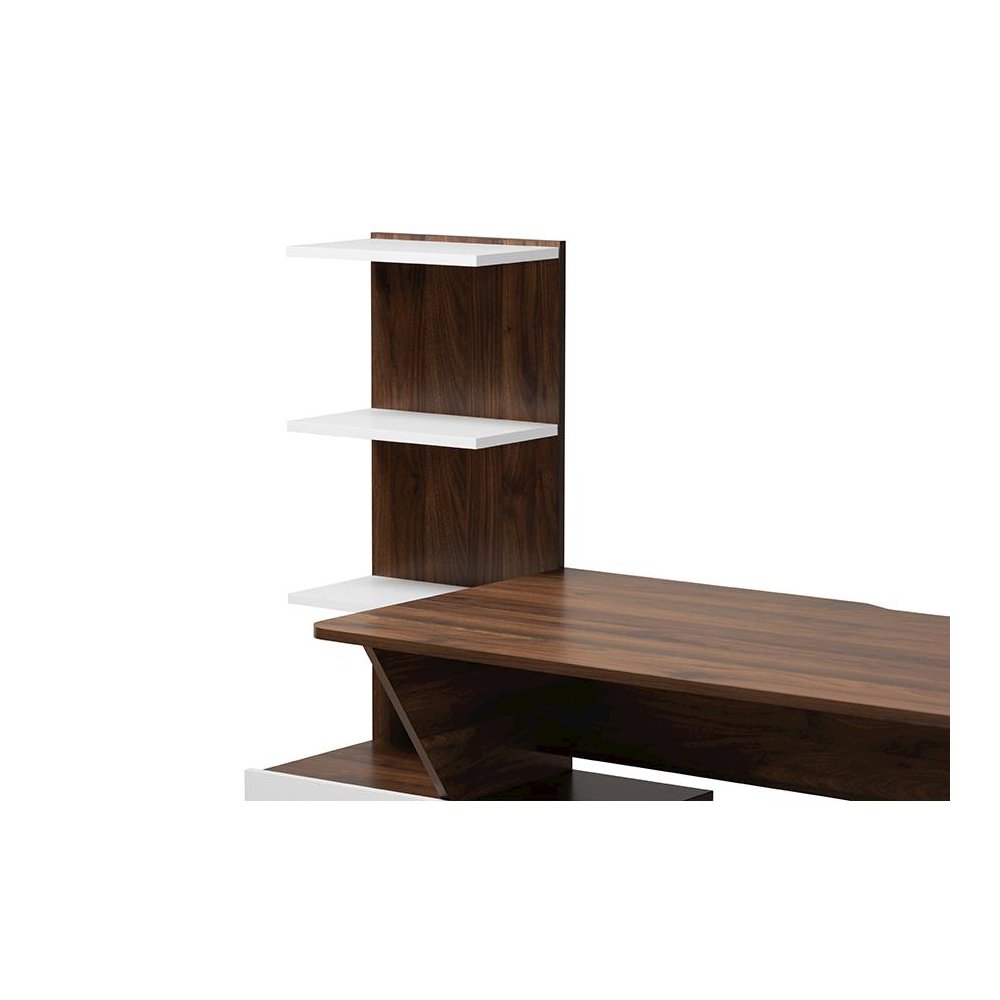 Two-Tone White and Walnut Brown Finished Wood Storage Computer Desk with Shelves. Picture 6