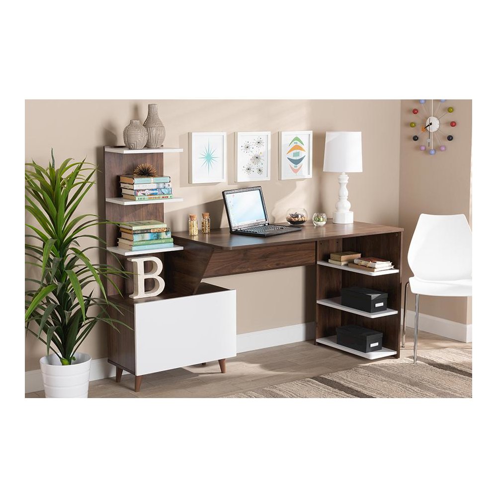 Two-Tone White and Walnut Brown Finished Wood Storage Computer Desk with Shelves. Picture 8