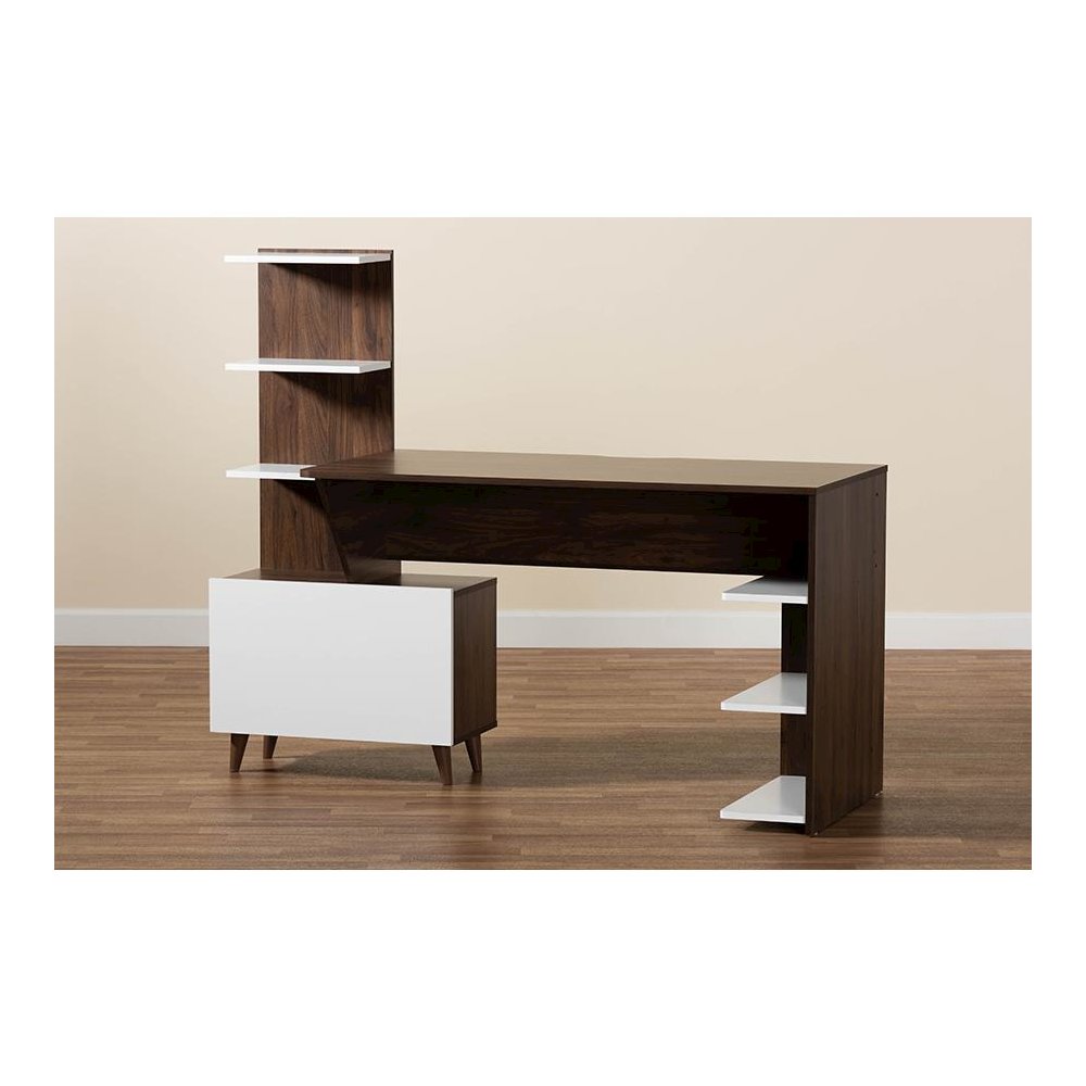 Two-Tone White and Walnut Brown Finished Wood Storage Computer Desk with Shelves. Picture 9
