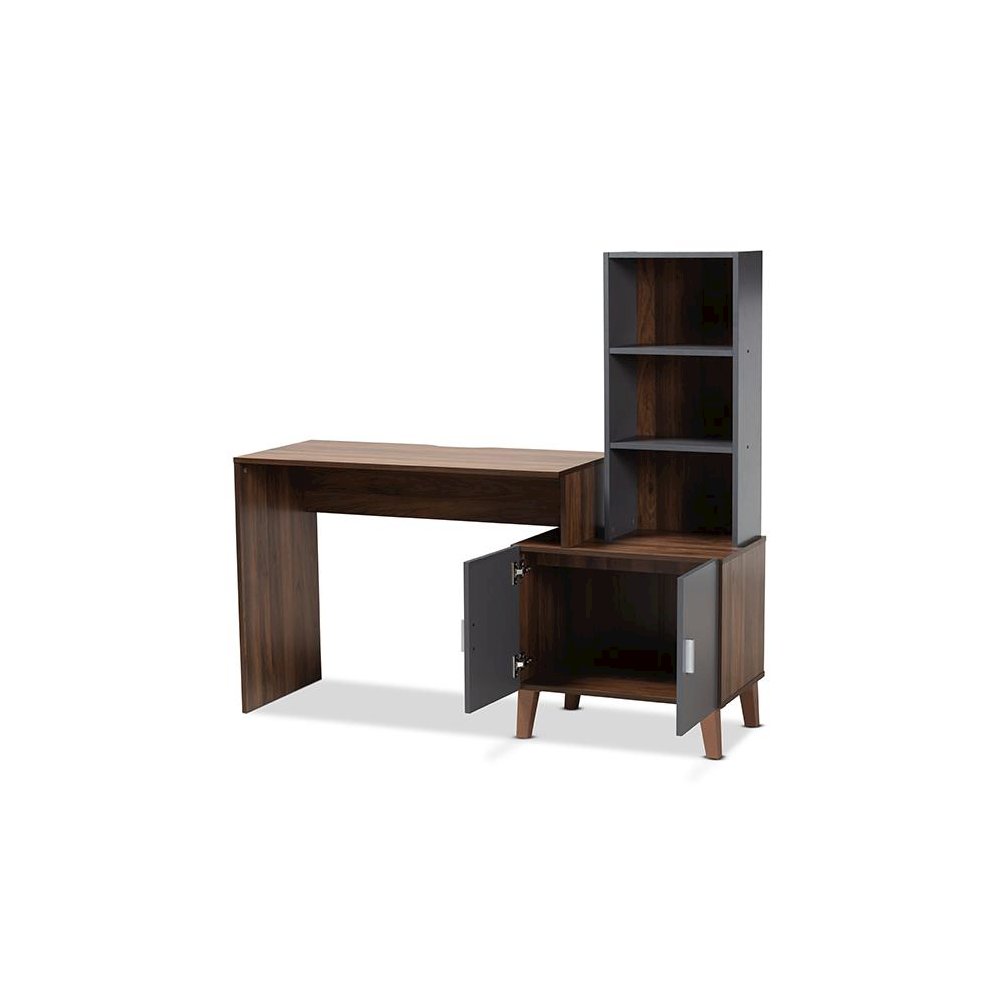 Two-Tone Walnut Brown and Dark Grey Finished Wood Storage Desk with Shelves. Picture 2
