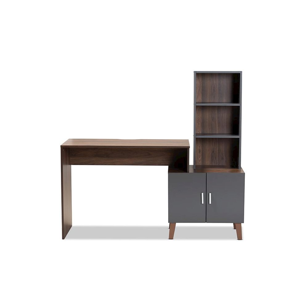 Two-Tone Walnut Brown and Dark Grey Finished Wood Storage Desk with Shelves. Picture 3