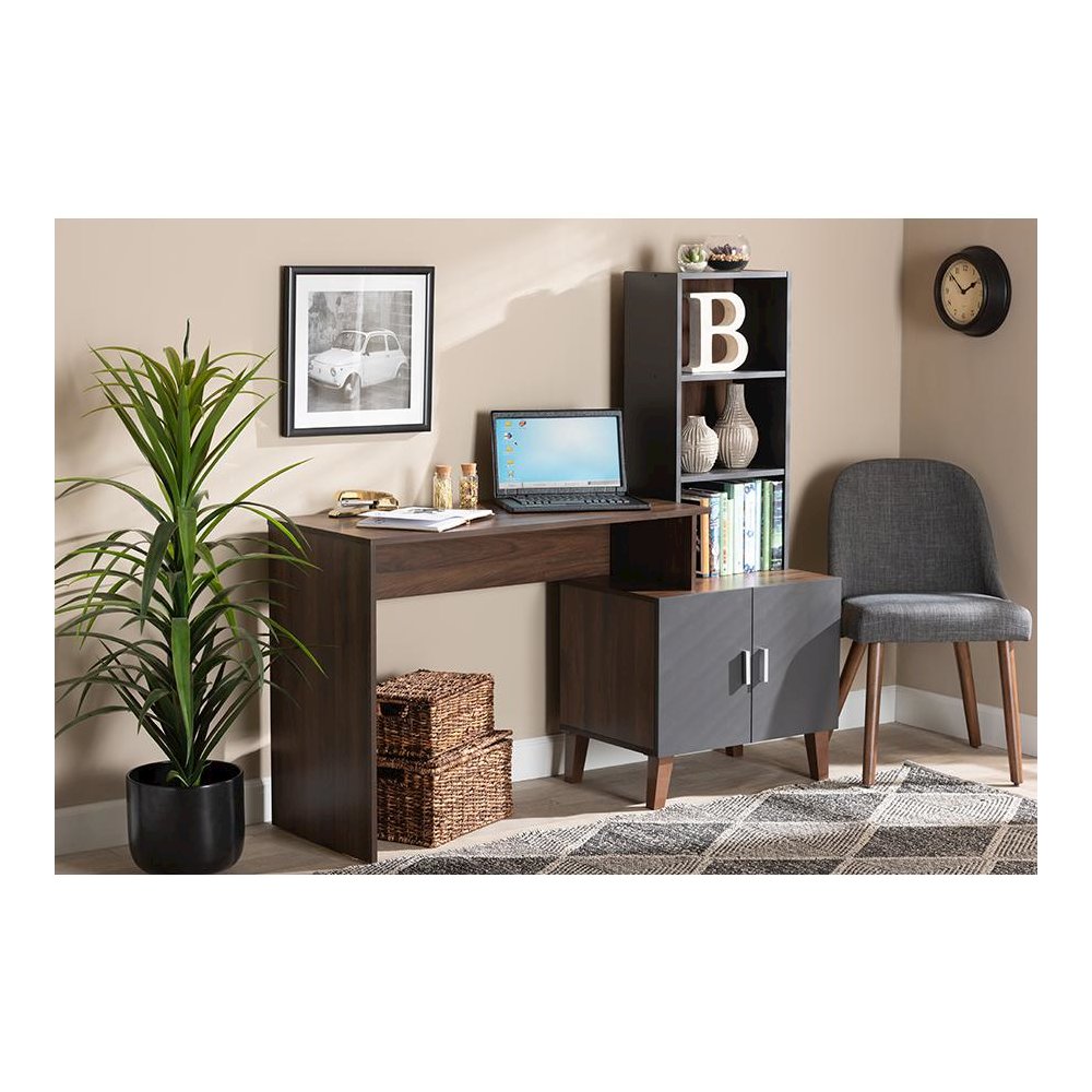 Two-Tone Walnut Brown and Dark Grey Finished Wood Storage Desk with Shelves. Picture 7
