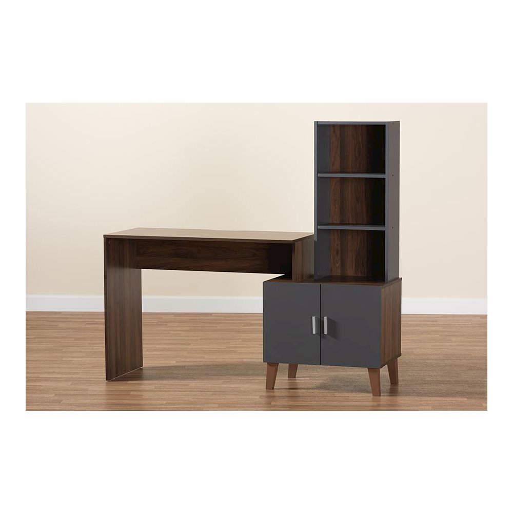Two-Tone Walnut Brown and Dark Grey Finished Wood Storage Desk with Shelves. Picture 8