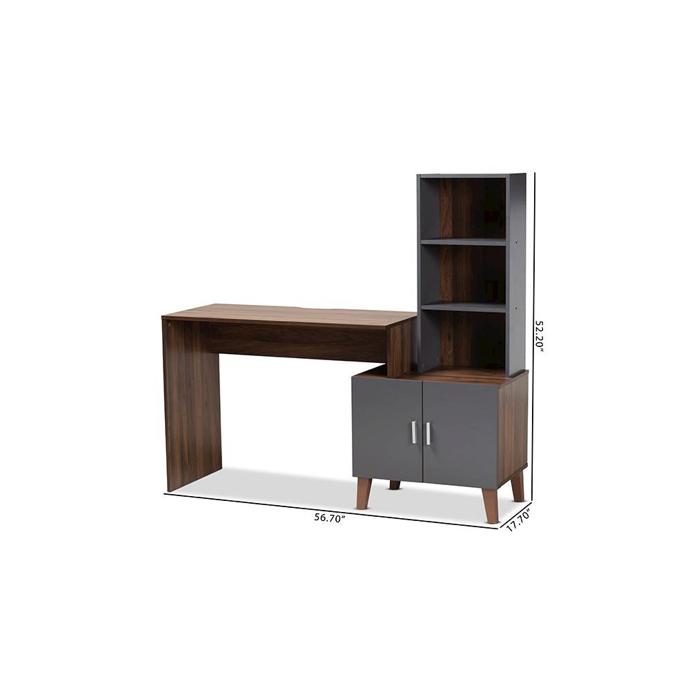 Two-Tone Walnut Brown and Dark Grey Finished Wood Storage Desk with Shelves. Picture 9