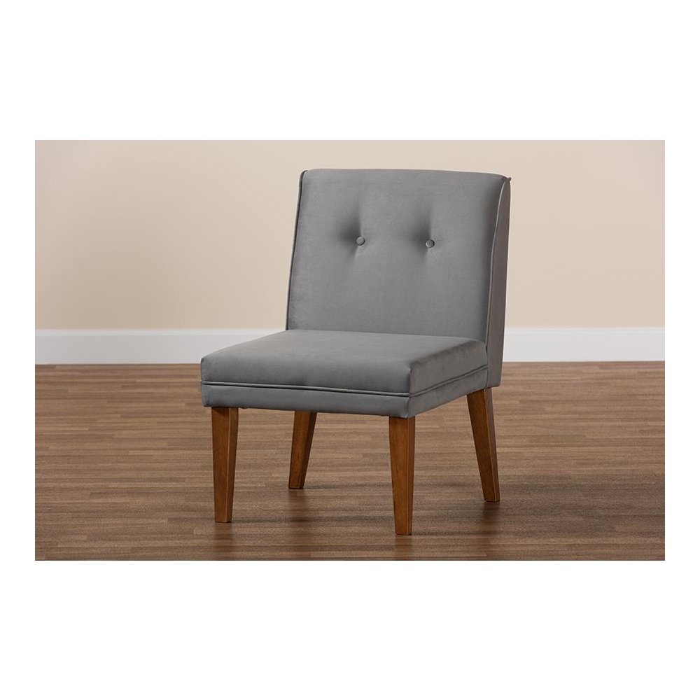 Grey Velvet Upholstered and Walnut Brown Finished Wood Dining Chair. Picture 9
