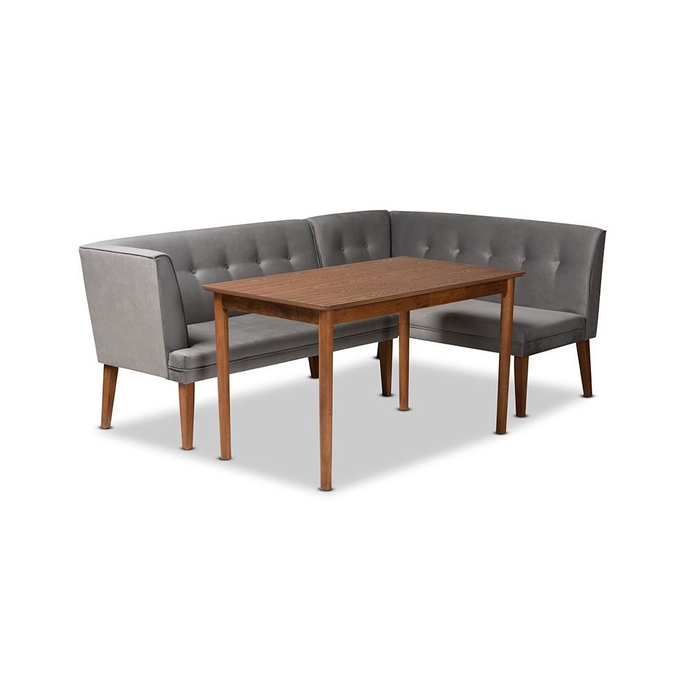 Grey Velvet Upholstered and Walnut Brown Finished Wood 3-Piece Dining Nook Set. Picture 1