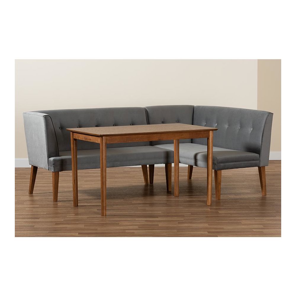 Grey Velvet Upholstered and Walnut Brown Finished Wood 3-Piece Dining Nook Set. Picture 10