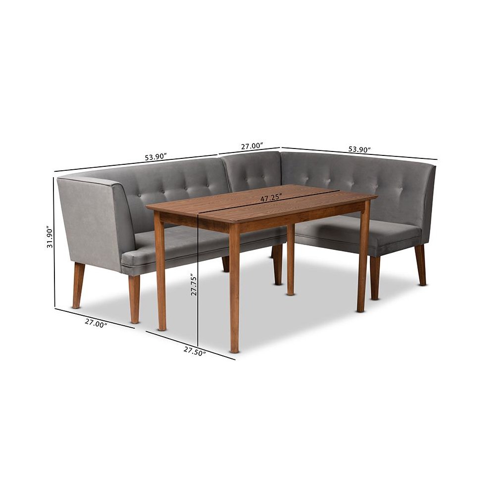 Grey Velvet Upholstered and Walnut Brown Finished Wood 3-Piece Dining Nook Set. Picture 11