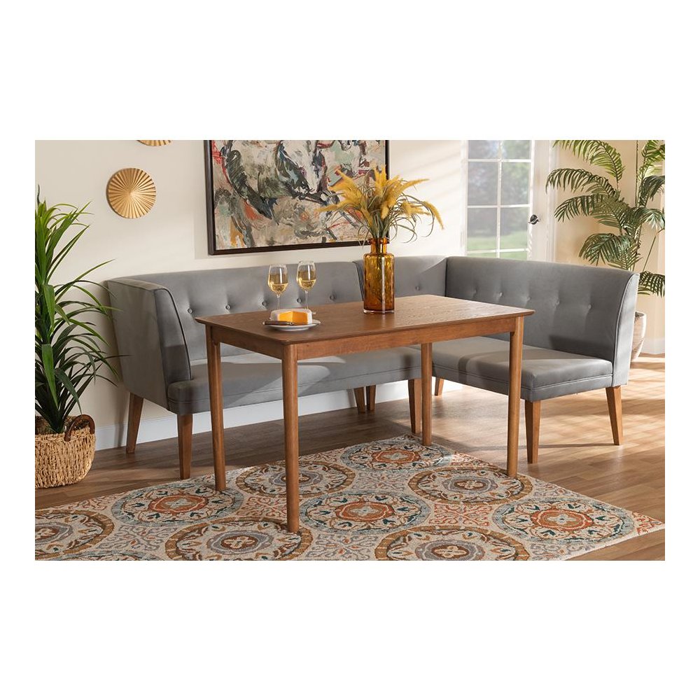 Grey Velvet Upholstered and Walnut Brown Finished Wood 3-Piece Dining Nook Set. Picture 9