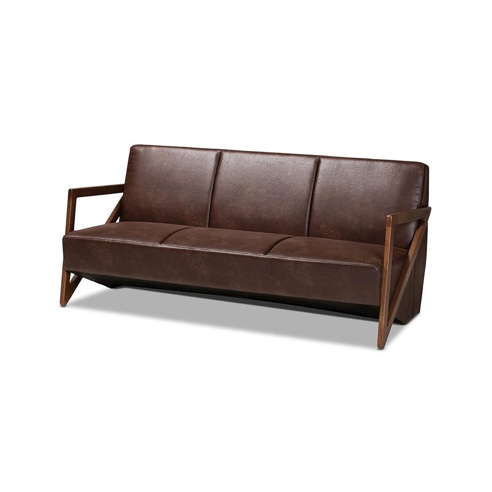 Leather Effect Fabric Upholstered and Walnut Brown Finished Wood Sofa. Picture 1