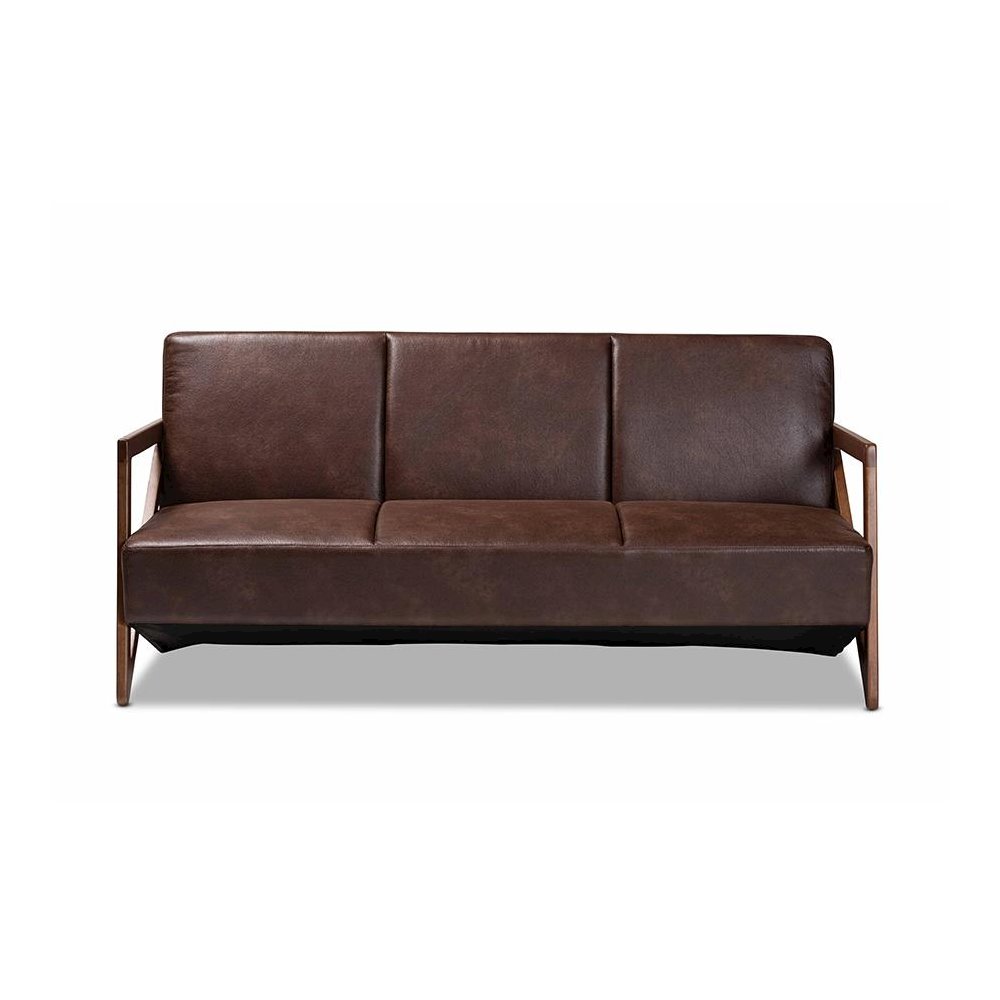 Leather Effect Fabric Upholstered and Walnut Brown Finished Wood Sofa. Picture 2