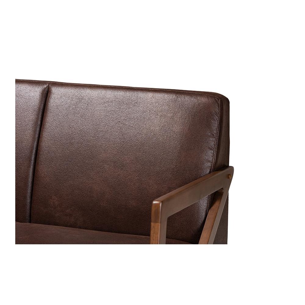 Leather Effect Fabric Upholstered and Walnut Brown Finished Wood Sofa. Picture 5