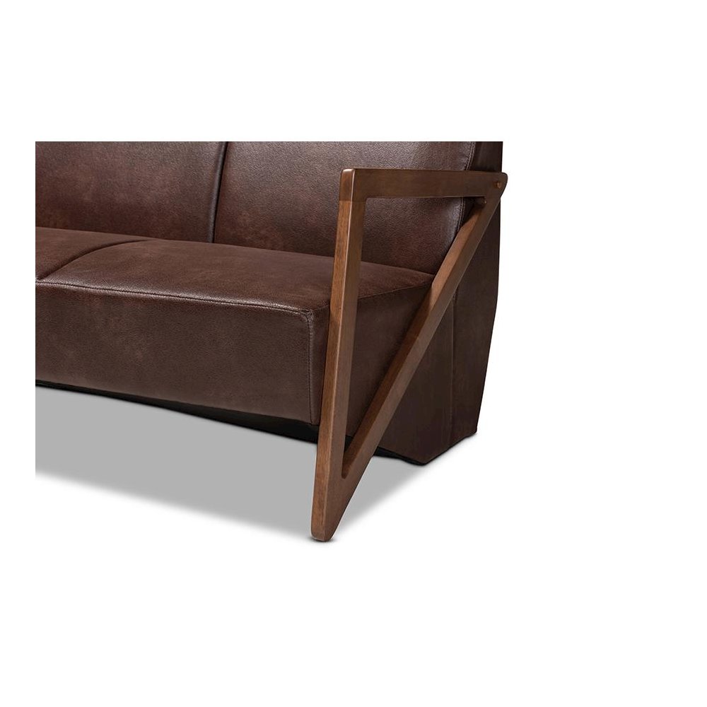 Leather Effect Fabric Upholstered and Walnut Brown Finished Wood Sofa. Picture 6