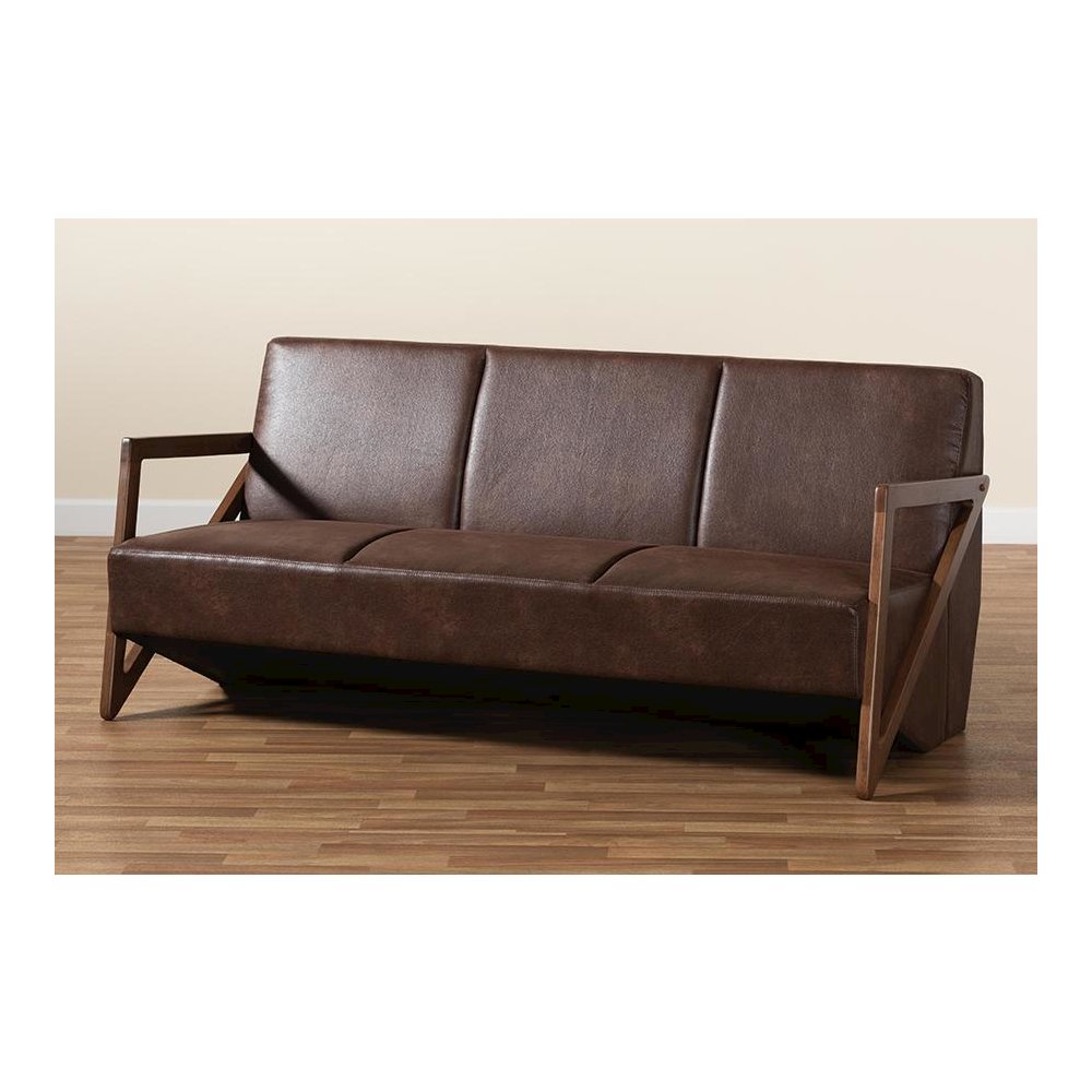Leather Effect Fabric Upholstered and Walnut Brown Finished Wood Sofa. Picture 9