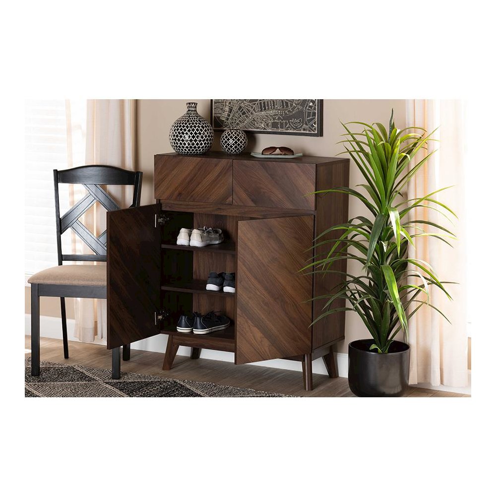 Baxton Studio Hartman Mid-Century Modern Walnut Brown Finished Wood Shoe Cabinet. Picture 9