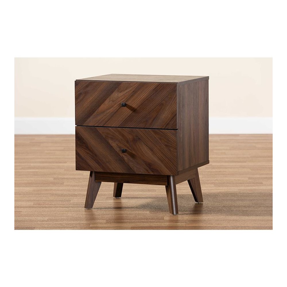 Hartman Mid-Century Modern Walnut Brown Finished Wood 2-Drawer Nightstand. Picture 9